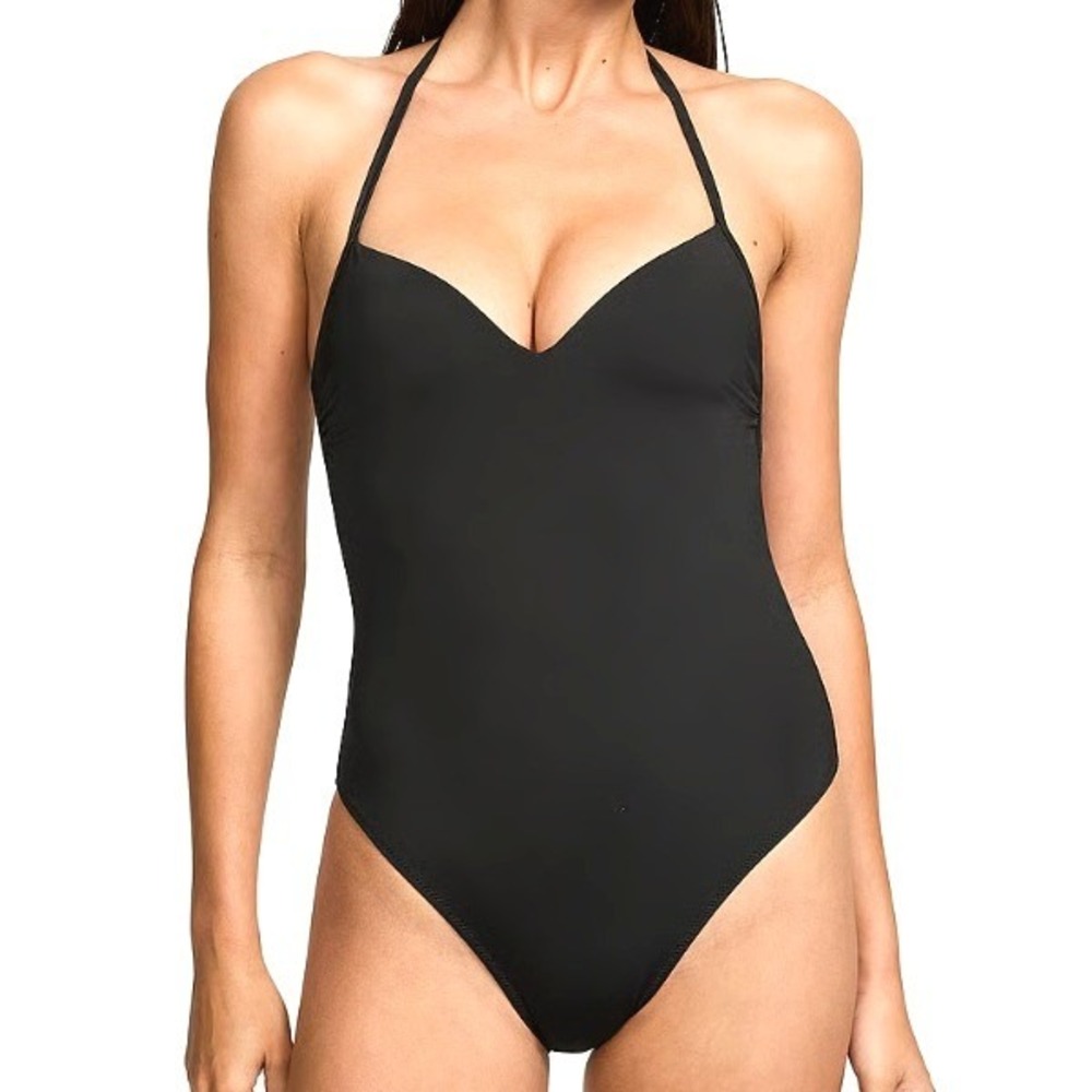 VICTORIA'S SECRET NWT Women Large Black Halter Push-Up Cheeky One-Piece Swimsuit
